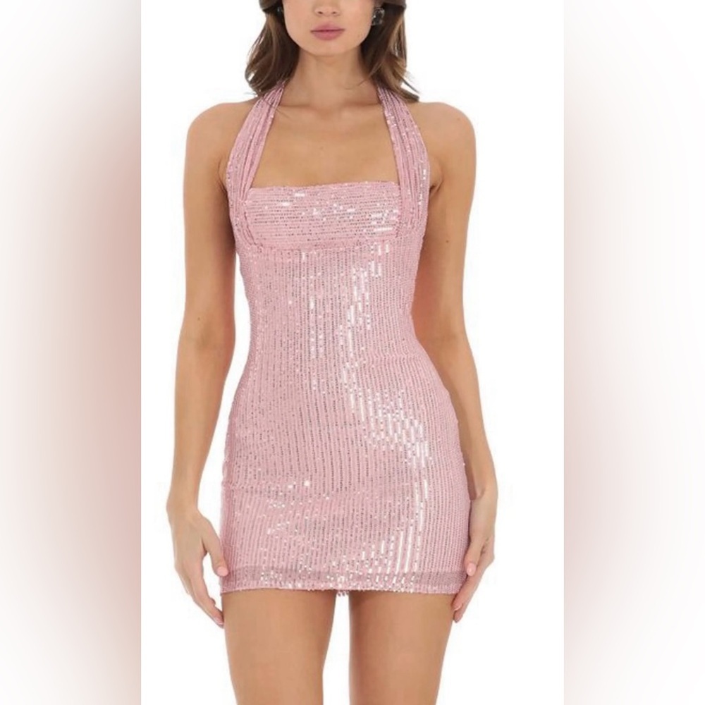 Lucy in the Sky Sequin Halter Bodycon Dress, Large, Pink, Evening Soiree Party